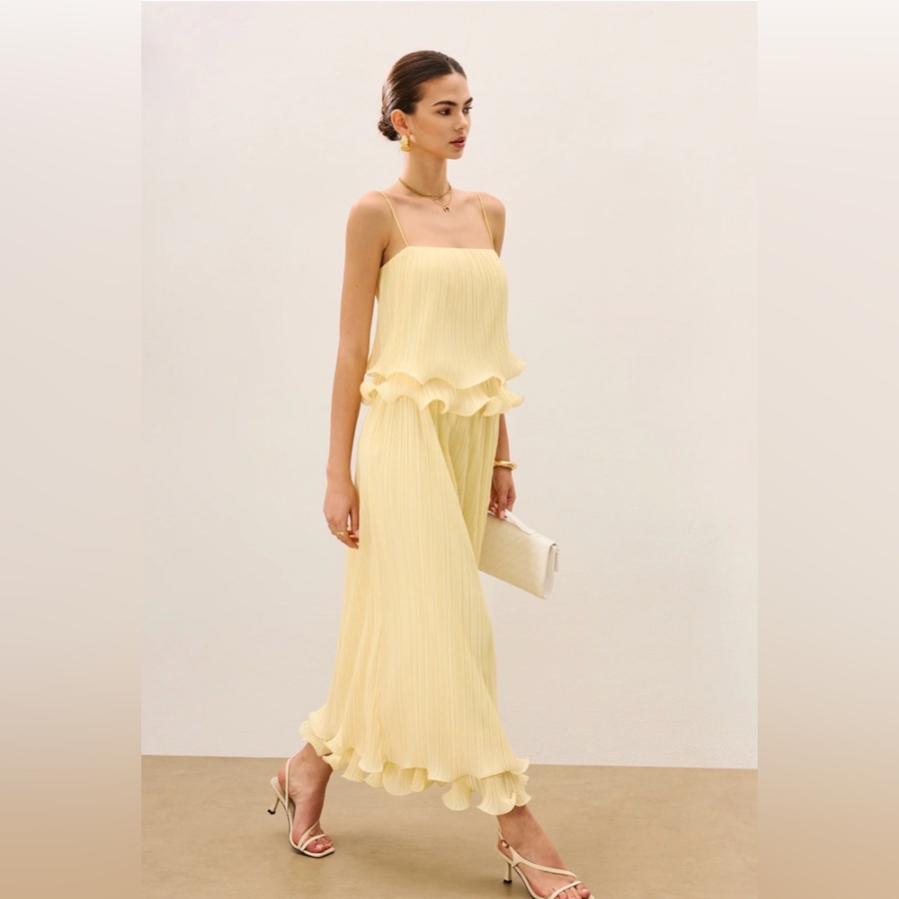 Commense Pale Yellow Pleated Maxi Dress with Ruffle Hem